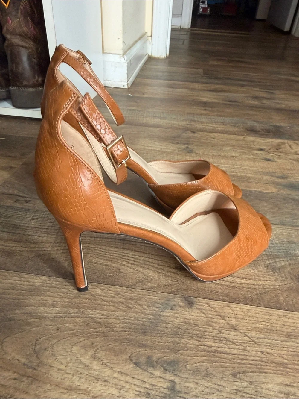 Women's Cognac Ankle-Strap Stiletto Heels